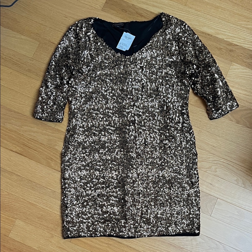 NWT | Metaphor Sequined Gold 3/4 Sleeved Dress